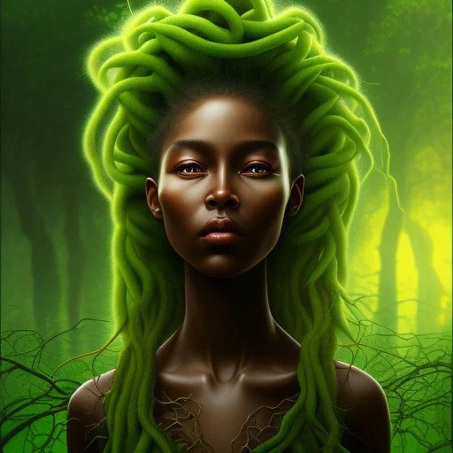 Painting .the face of A young black woman. A wood nymph emerging from the forest. Her hair looks like vines. Dreadlocs. Her skin is the colour of dark soil. Her skin looks like tree bark. Her clothing is made of vines, grass and leaves.