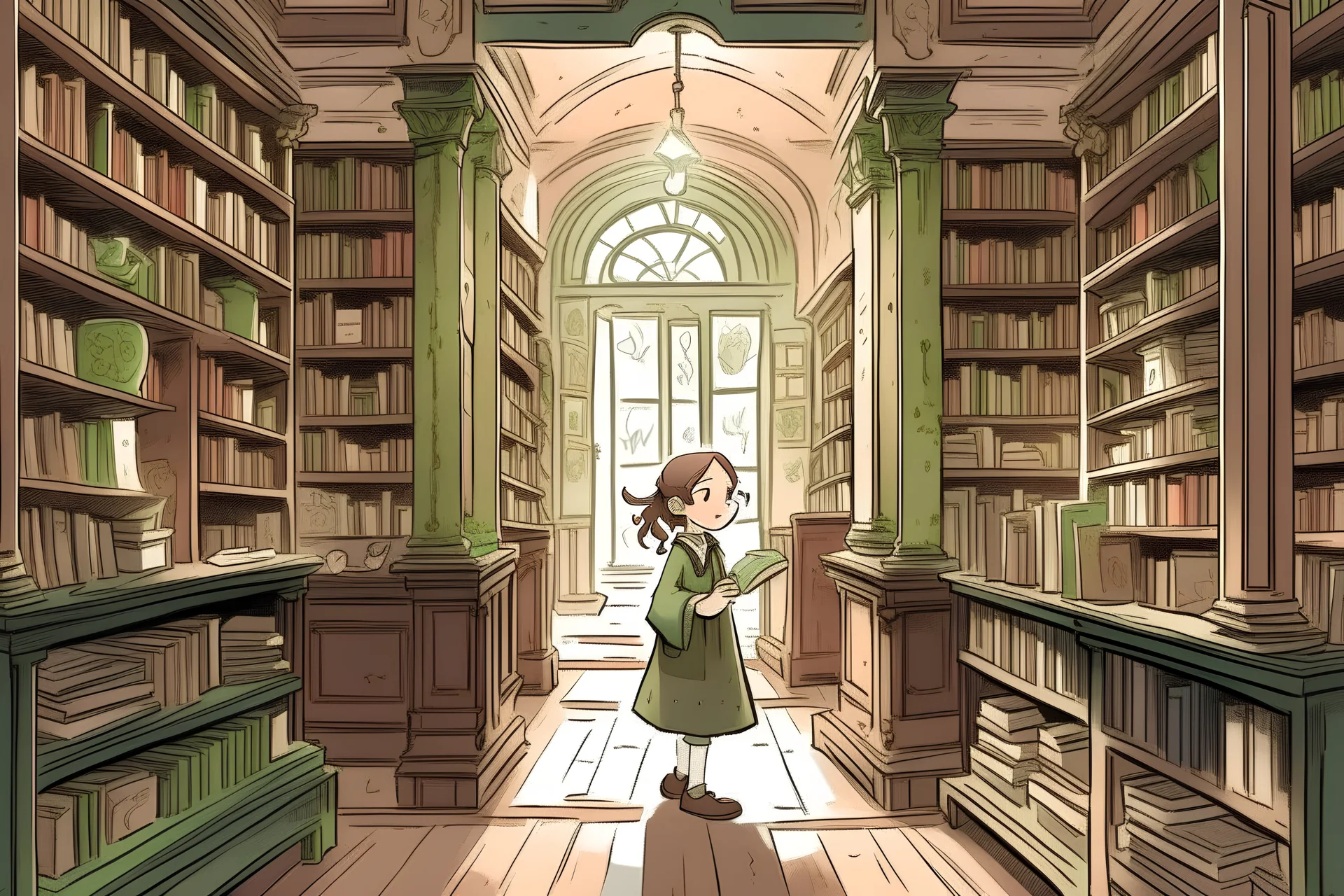 An illustration of Lily entering the old bookstore,