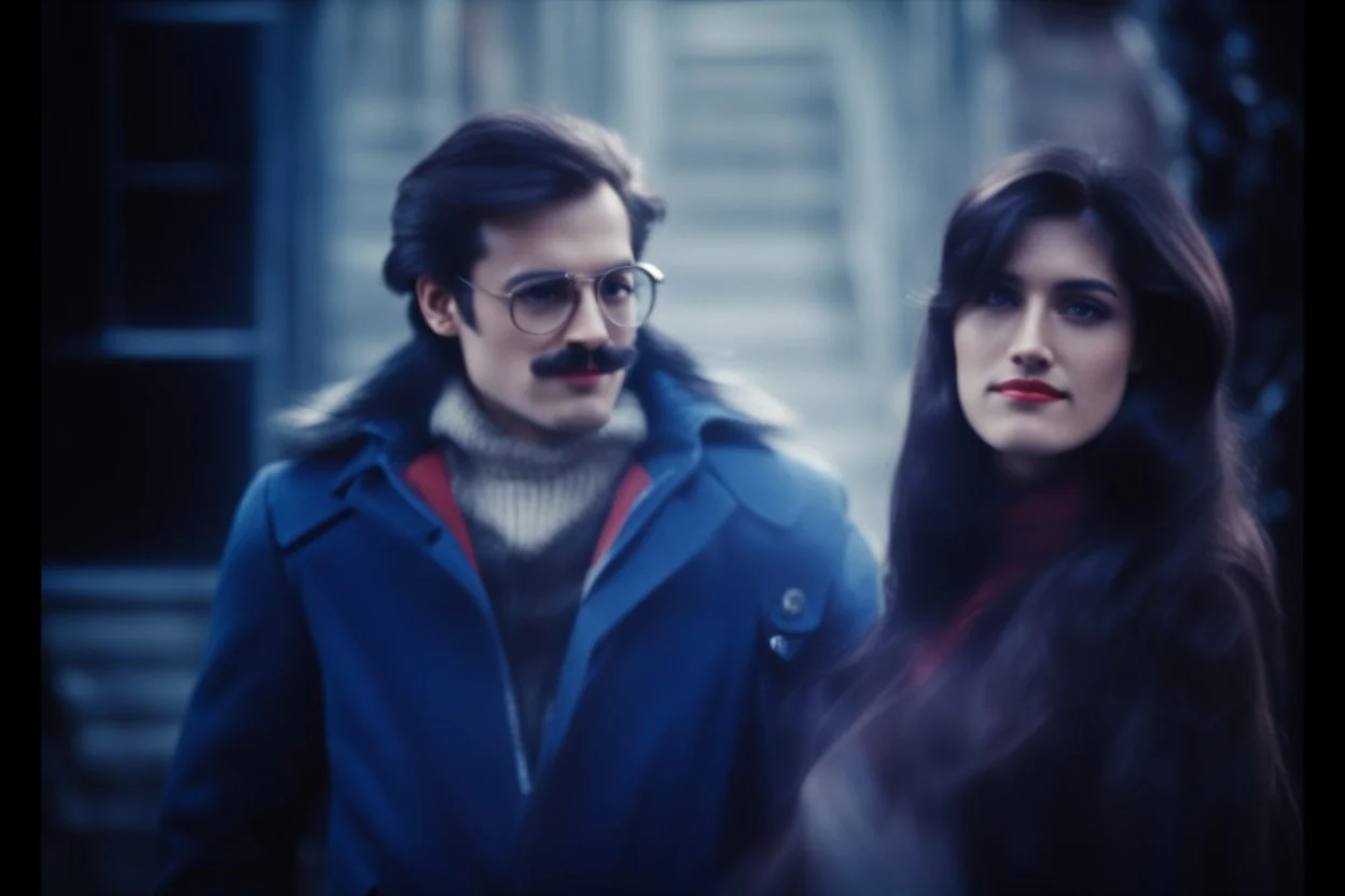 a young man and a beautiful woman standing next to each other, 1 9 8 0 s analog video, with mustache, small glasses, cold scene, out of focus background, house on background, the woman has long dark hair, photo realistic