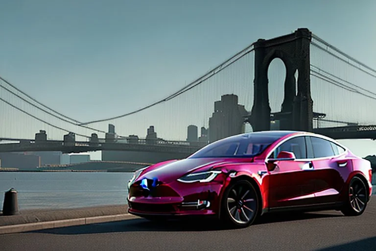 A Tesla 'Model 3' is parked, on the 'FDR Drive', eastern Manhattan. (CINEMATIC, WIDE ANGLE LENS, PHOTO REAL)