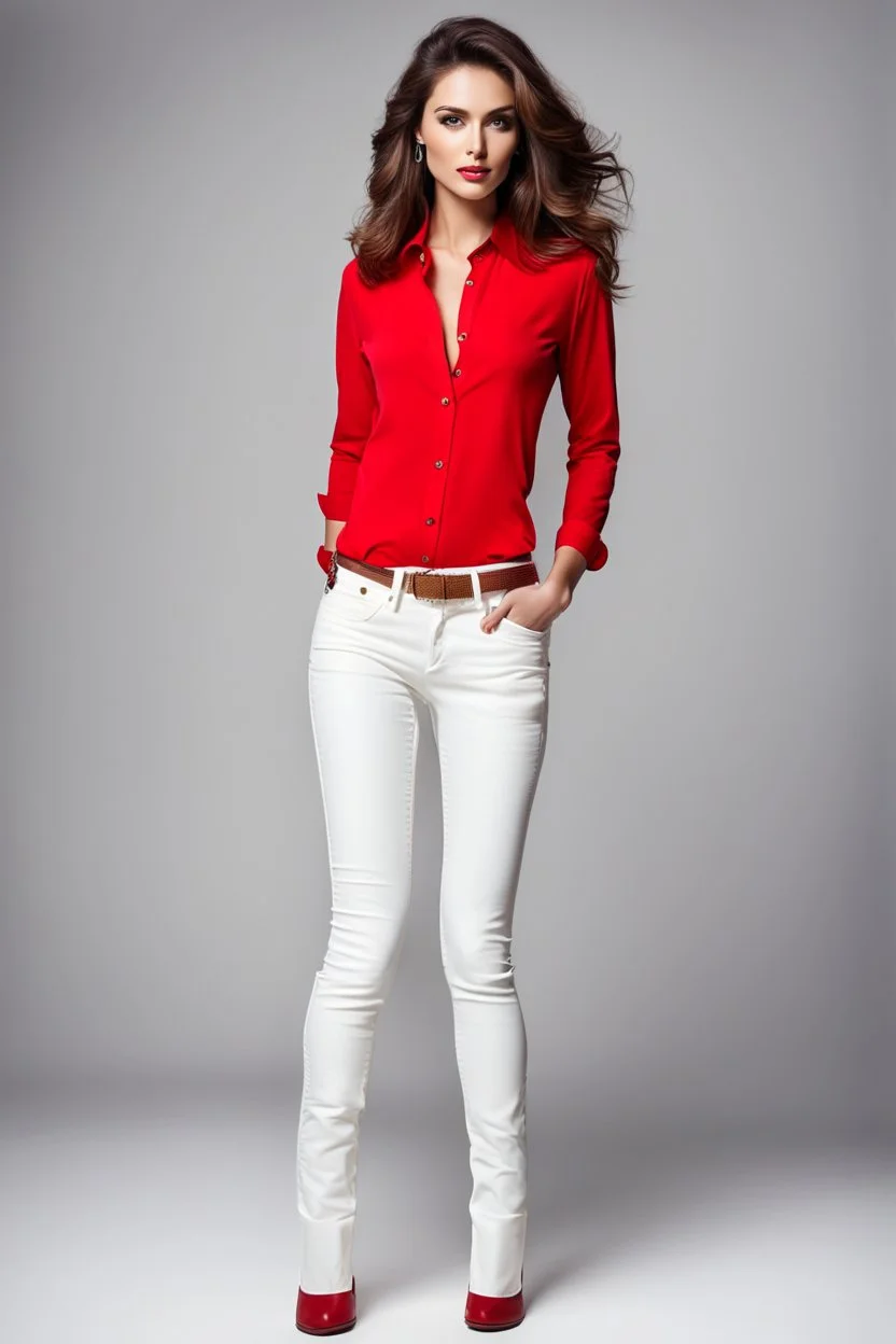 the genre is modern, a beautiful woman model and actress, hair, bright eyes perfect facial features,wearing cream jeans pants and pretty red shirt, a very beautiful favorite, a full body, he stands tall, no background