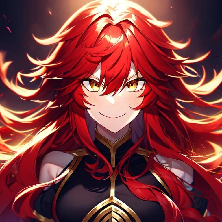 girl, masterpiece, best quality, volumetric lighting, detailed outfit, perfect eyes, red hair, long hair, vibrant golden eyes, messy hair, hair in between the eyes, angry, smile,