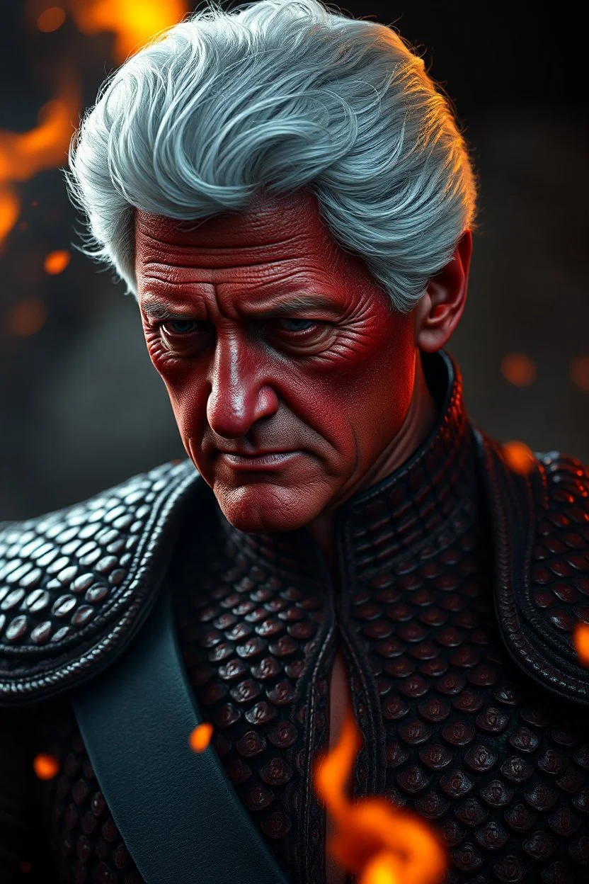 President Clinton, . red skin, scales, unreal engine 6, high detail, intricate, cinematic. photoshoot style, intricate, studio lighting, masterpiece , highly detailed, 8k, best quality, fire, smoke, dramatic,d,<lora:mshn:0.7>,<lyco:Warrior_Couture:0.5>,