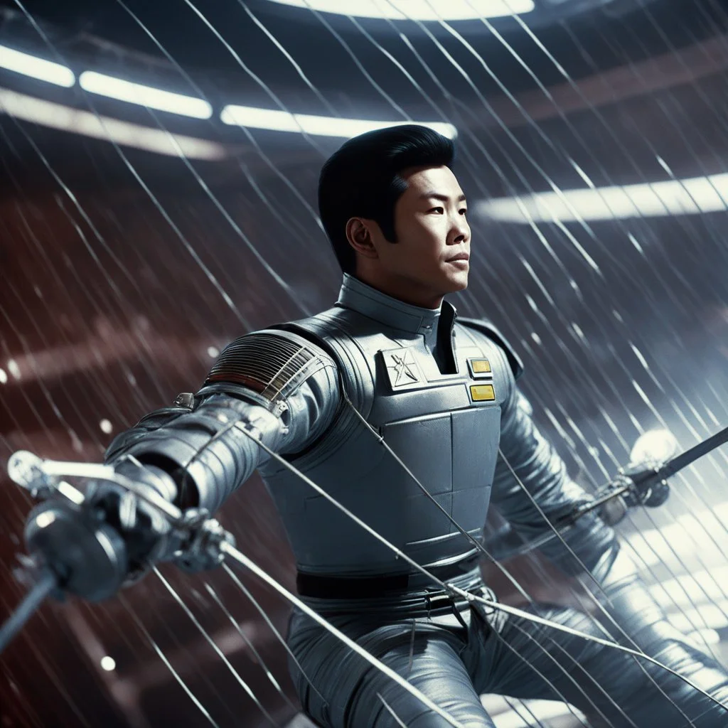Lieutenant Sulu practices fencing in the captain chair of Ron Cobb's USCSS Nostromo, view from below[vintage style noisy scratches glitches, Shot the texture and then rewound the film and double exposed from a 1970 B series movie]