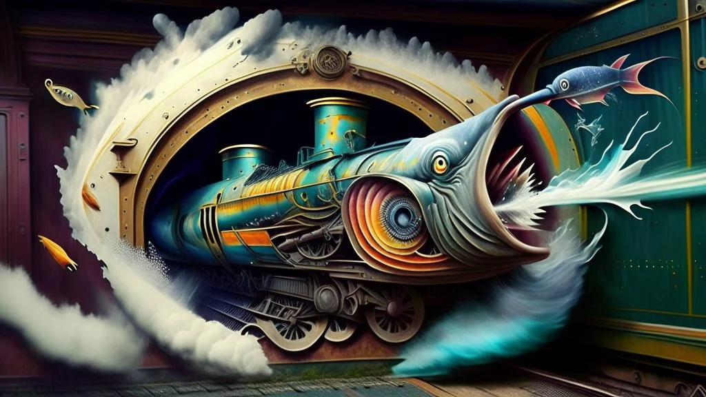 hybrid cosmic anamorphic trompe l'oeil fish spitting a locomotive expelling a bird spitting a hurricane with teeth