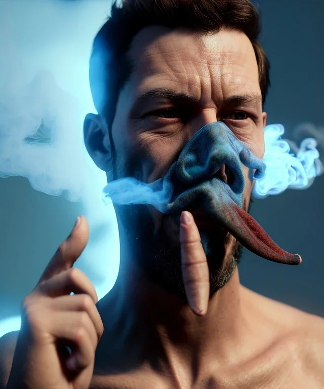 Realistic image, a guy making the fuck you gesture with his hand, blue smoke coming out of his eyes, nose and mouth. soft color, highly detailed, unreal engine 5, ray tracing, RTX, lumen lighting, ultra detail, volumetric lighting, 3d, finely drawn, high definition, high resolution.