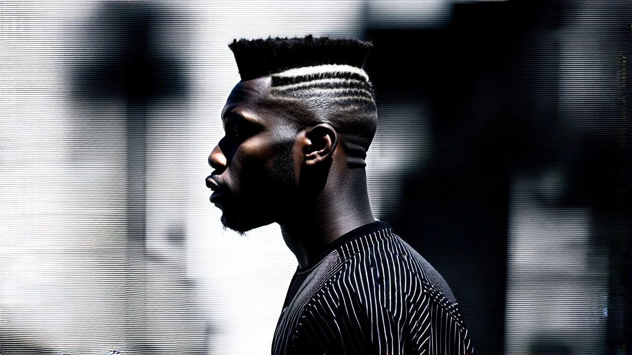 minimal profile shot of an African cyberpunk individual with a striking mohawk hairstyle and intricate shaved patterns on the side of their head, wearing a black and white horizontal thin striped shirt. The background is a blurred, high-contrast mix of black and white lines, suggesting motion and urban settings; overheat, dramatic, cinematic, sudden jolt dynamics, great parallels, great reflections, unsettling shadows, surreal futurist architecture art, surreal liminal space, tribal style, triba