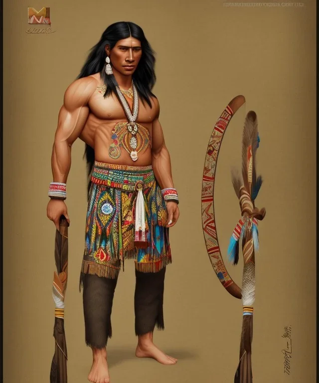 Athahualpa, native american warrior, long black hair, big muscles, pechera, big half circular from shoulder to chest fabric piece