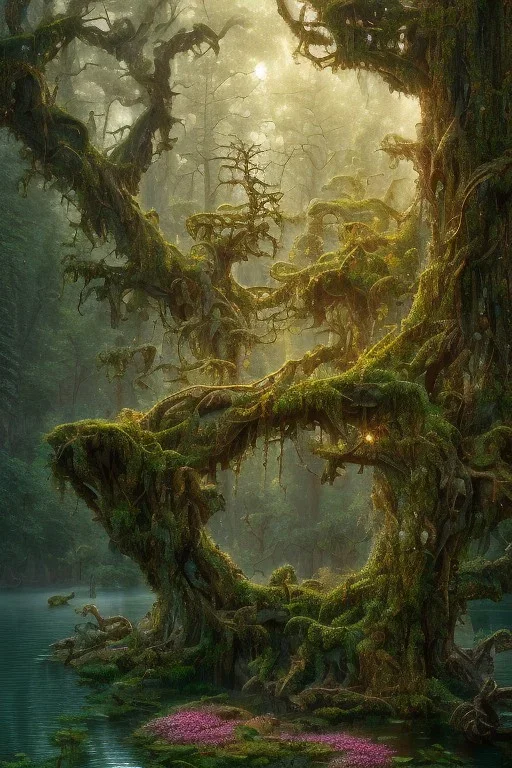 high-quality, fine-detail beautiful milf, breath-taking forest with gnarled trees, flowers, clear reflective lake, tranquil, stunning, 8k resolution, intricate, digital art, detailed matte, volumetric lighting, George Grie, Anne Dittman, Anne Stokes, Lisa Parker, Selina French, Alphonse Mucha