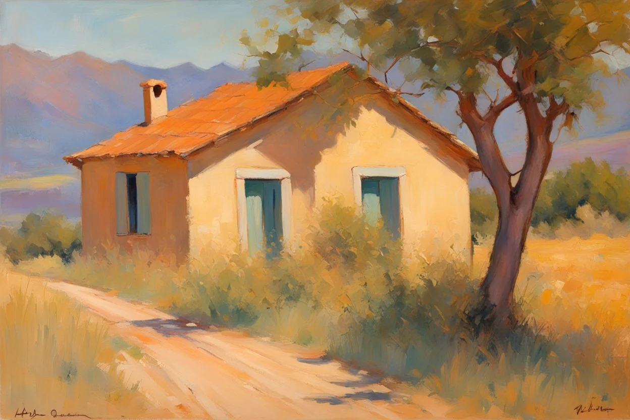 sunny day, mountains, trees, dirt road, countryside, nostalgy influence, adobe house, wilfrid de glehn and rodolphe wytsman impressionism paintings