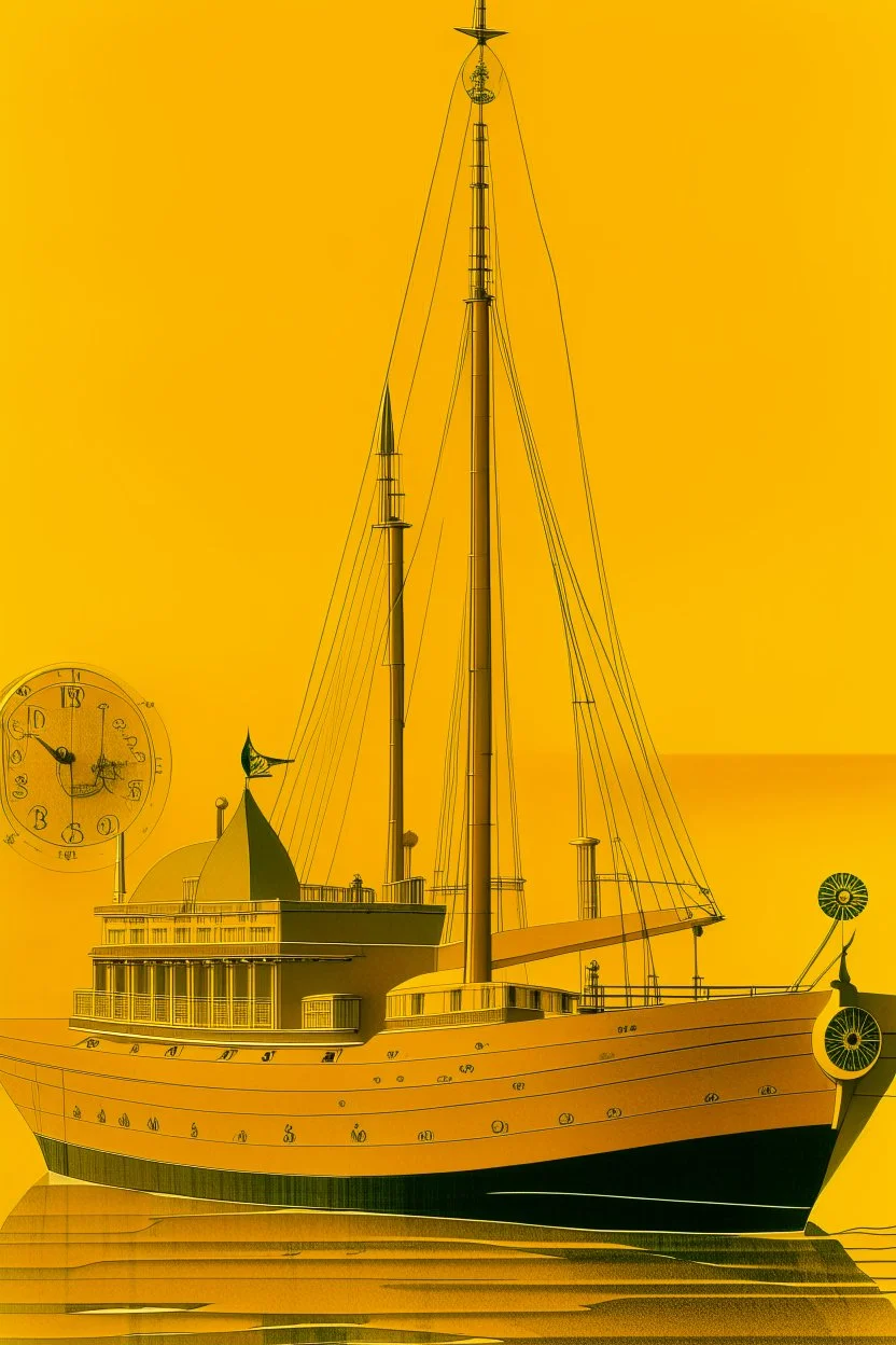 A golden yellow yacht with clocks designed in Mayan architecture painted by Lyonel Charles Feininger