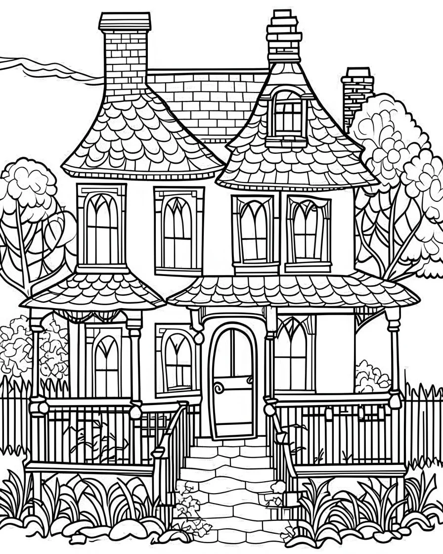 outline art for halloween coloring pages for kids with haunted house , white background, Sketch style, full body, only use outline, clean line art, white background, no shadows and clear and well outlined, coloring page for kids,