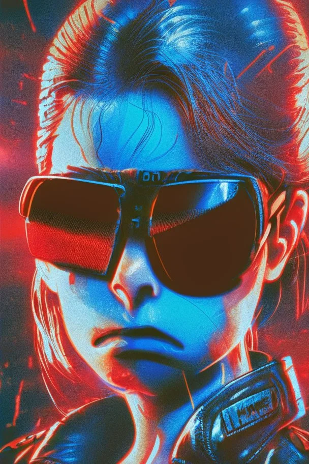 Photo of a half broken female Terminator, with dark sun glasses, bright red eye, Hollywood movie poster style, atmospheric blue light night time, high contrast dark moody lighting.