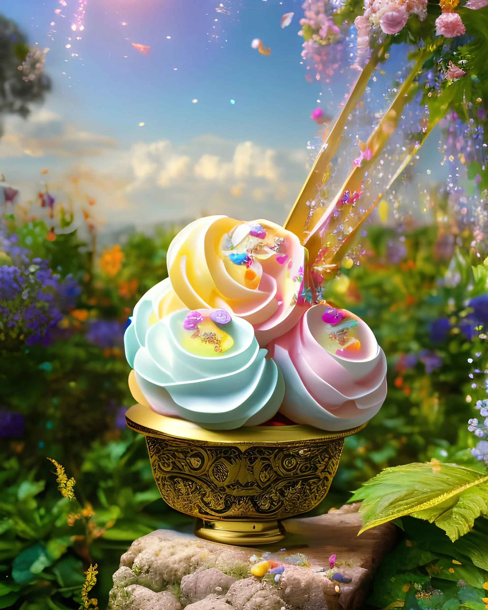 extravagant luxury icecream with extras, on sunny day, bokeh, vibrant color, 8k, RTX, realistic, 3D, Salvador Dali, Alma-Tadema