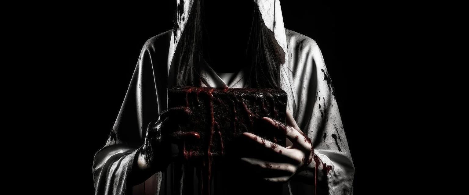 a faceless woman covered in blood holding up a black rectangular box