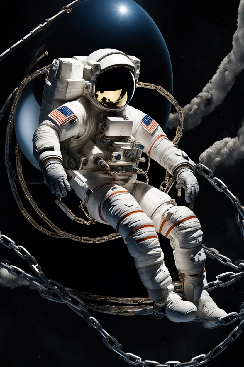 close side view of An astronaut sitting on a large steel ball.floating in the air, wide legs, holding on to the chain