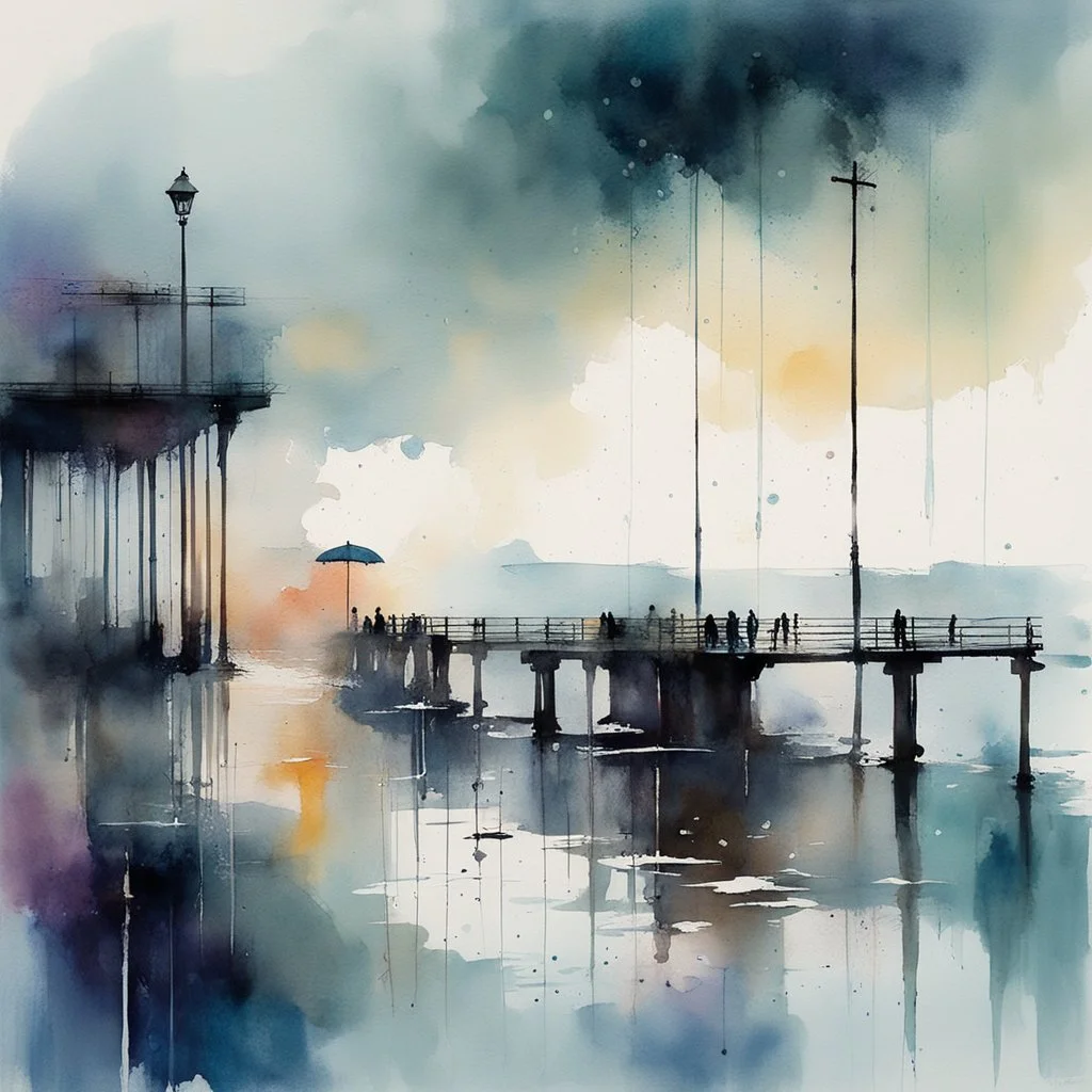 Rainy day scene at a pier, by John Lovett and Heidi Swapp, mind-bending watercolor illustration; moody, cool colors, raining, wet surfaces, N(t)=N0​⋅e−kt