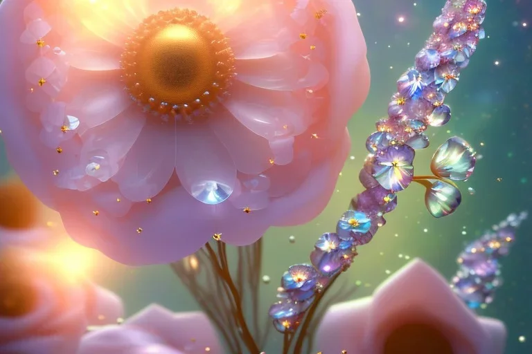 one crystal subtle flower in a cosmic ambiance, transparent petals, delicate colors, in the foreground, full of details, smooth, bright sunshine，soft light atmosphere, light effect，vaporwave colorful, concept art, smooth, extremely sharp detail, finely tuned detail, ultra high definition, 8 k, unreal engine 5, ultra sharp focus