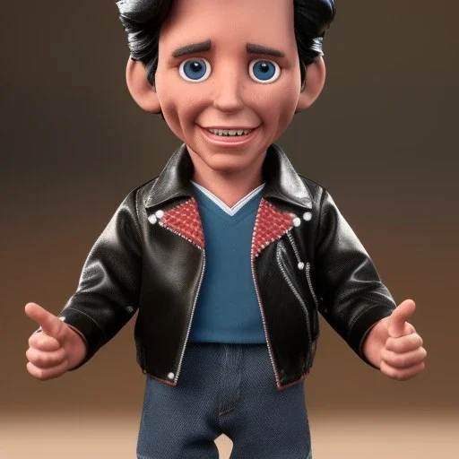 wide view young Fonz with black hair greaser figure doll 1957 (thumbs-up) (face) Forehead grin, fonzarelli, ((arnold's drive-in)) fonzie