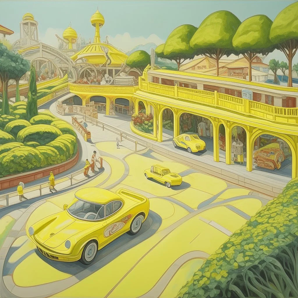 A pale light yellow speedy racecar theme park painted by Cai Jia