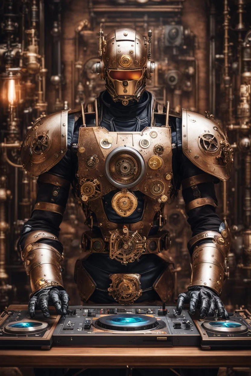 Front view Photography Realistic HD Natural Beauty Steampunk classic mecha man as dj player