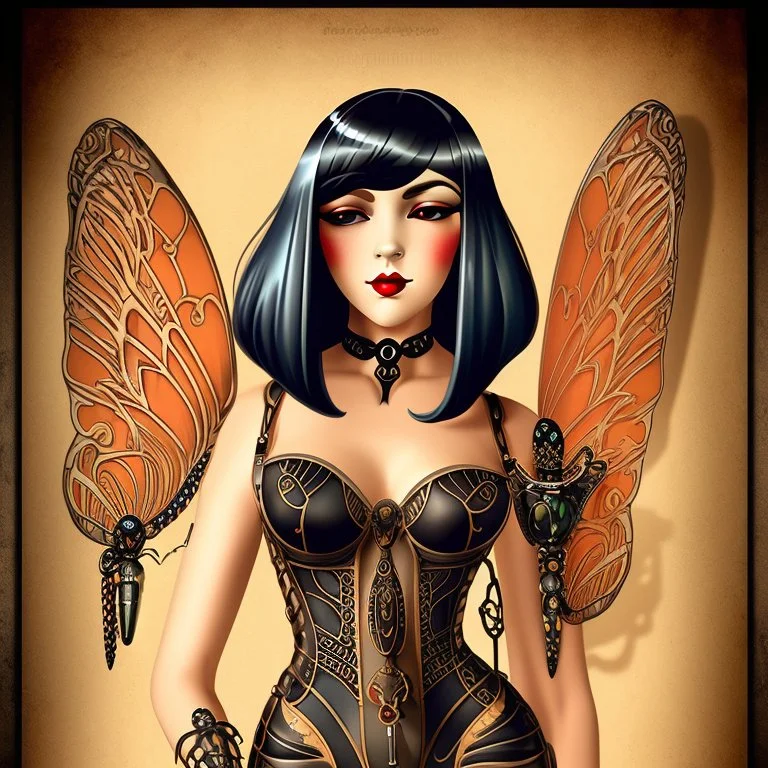 Full Body, Art Nouveau Woman With A Bob With A Fringe Hairstyle, Cleopatra Clothing, Steampunk Metal moth with red wings, Black Background