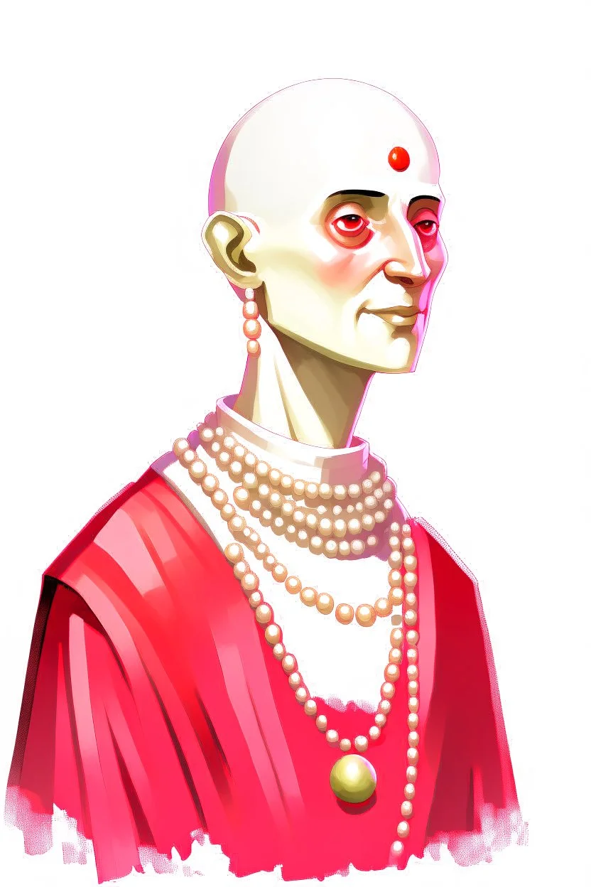 full lengthtall 22-year old, shaved head, grey-eyed female cleric wearing red beads