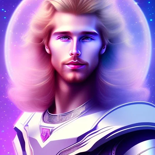 smiling beautifull long hair blond man face with cristal diamond on the forehead , cosmic armor and cosmic purple and blue sky behind