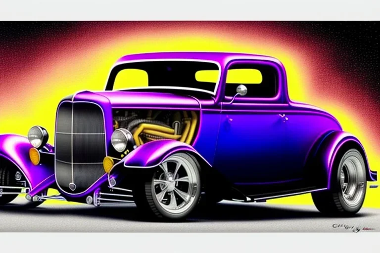 a true-to-life 1932 ford coupe deluxe, centered, intricate, extreme detailed, photorealism, center view, city background, pivot on ford, pen and color marker, painting by cheryl kelley