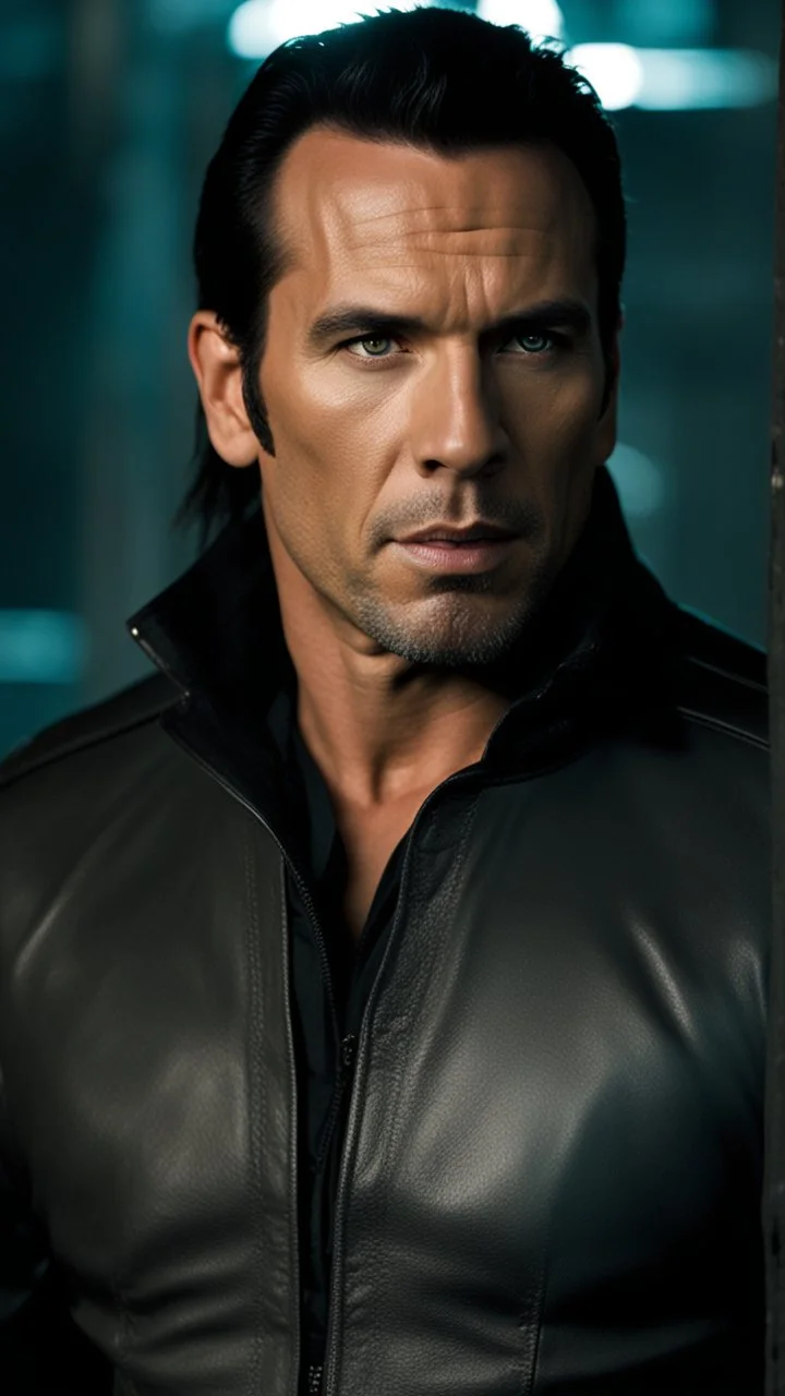 Jason David Frank as Alpha Marius wearing an open necked shirt and black jacket, but it’s his eyes that draw me in. Dark grey and stormy.