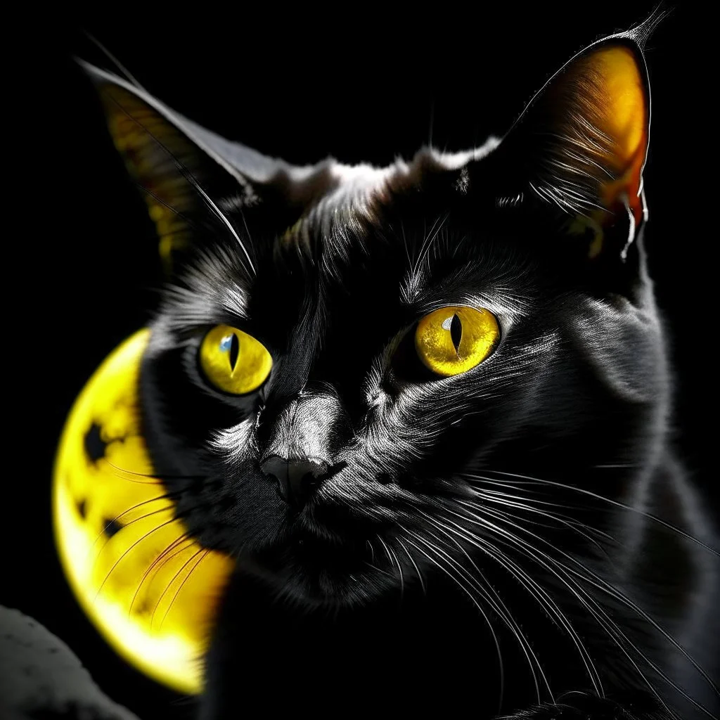 black cat yellow eyes in front of moon