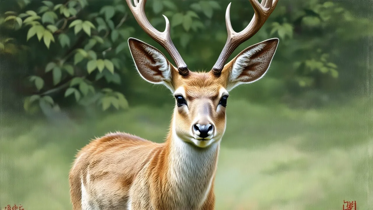 A gracefully aging Chinese water deer, its fur a patchwork of vibrant browns and whites, showcasing the passage of time while still exuding a quiet elegance. The gentle curve of its antlers hints at past glory, now softened by a touch of weathered wisdom. With a backdrop of verdant foliage, the deer stands as a living testament to nature's resilience. This breathtaking watercolor painting by a master artist captures the essence of fleeting beauty in the animal kingdom.