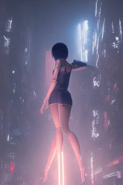 Motoko Kusanagi, raining, nostalgic, cold, dark blue, gloomy, heavy fog, 8k photorealistic, cinematic lighting, high details, dramatic, atmosphereric