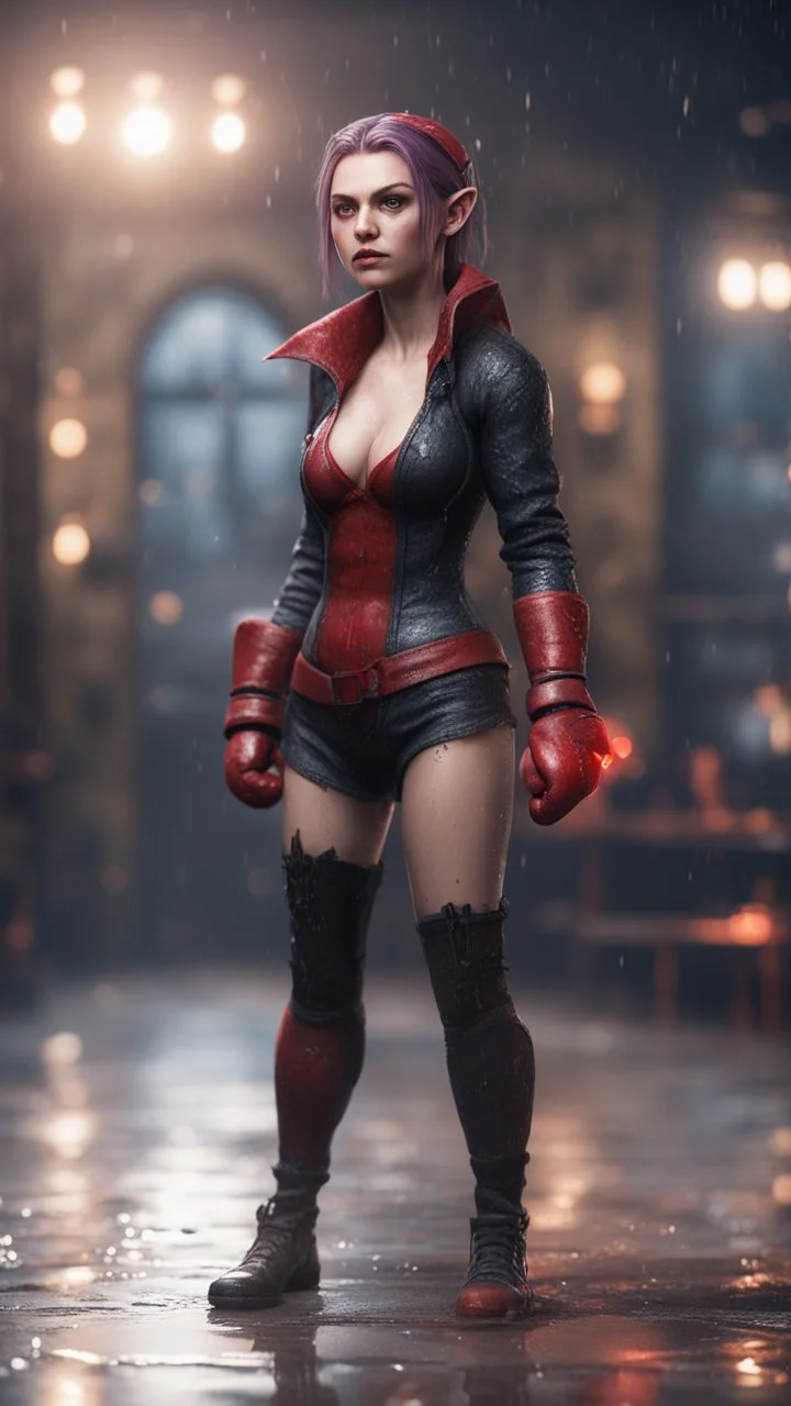 full figure with boxing gloves, standing on wet tiled floor, female vampire elf from worms armageddon wearing makeup, bokeh like f/0.8, tilt-shift lens 8k, high detail, smooth render, down-light, unreal engine, prize winning