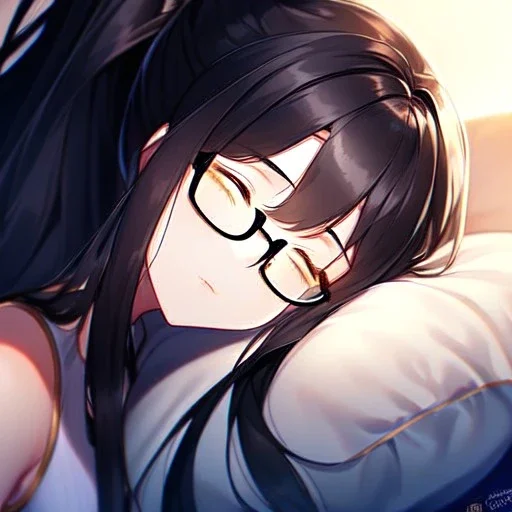 girl, masterpiece, best quality, volumetric lighting, detailed outfit, perfect eyes, black hair, golden eyes, long hair, ponytail, black glasses, closed eyes, sleeping,