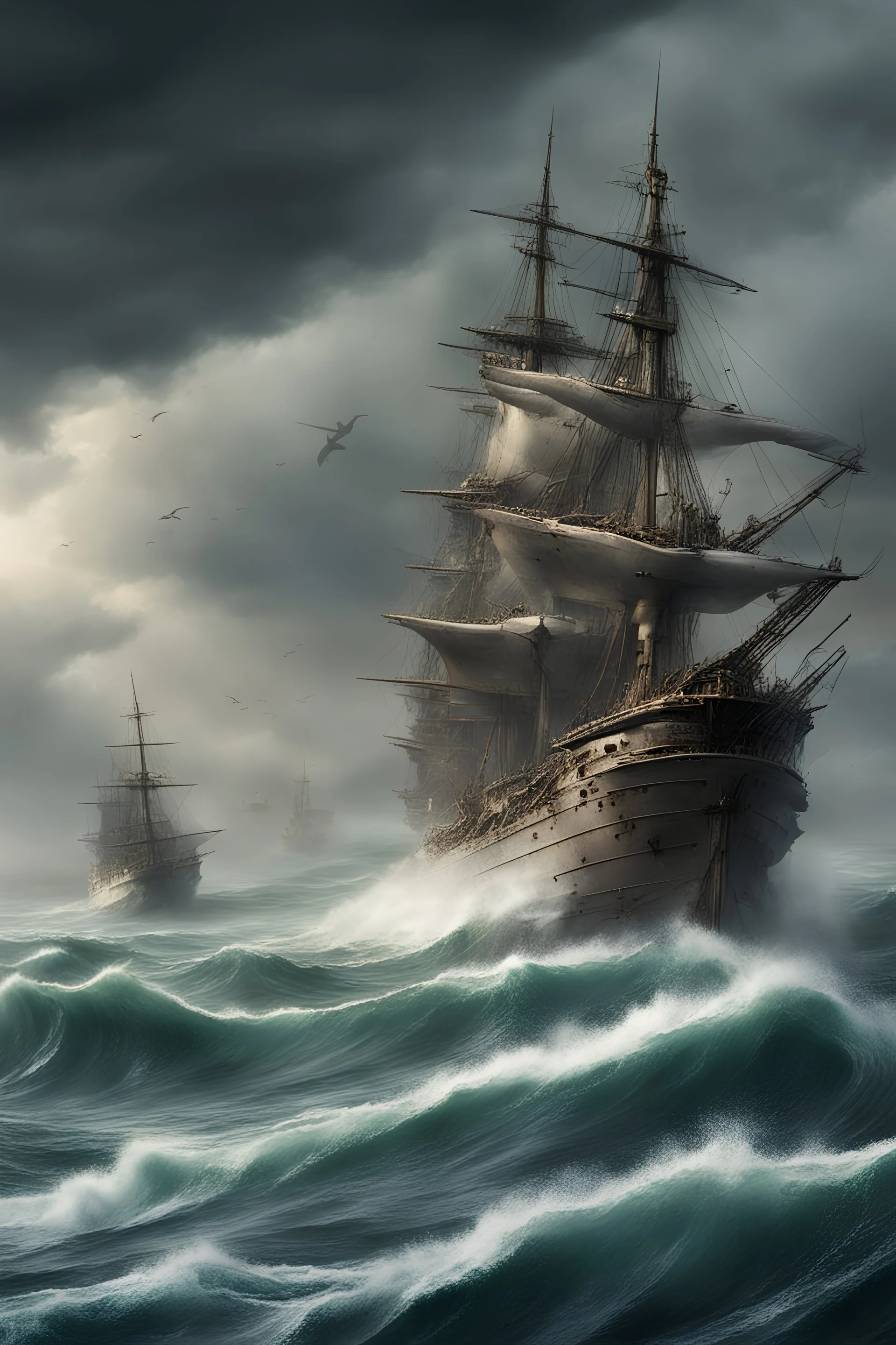 A view of the high seas. harsh weather. forces of destruction. with multiple ships of cutthroats