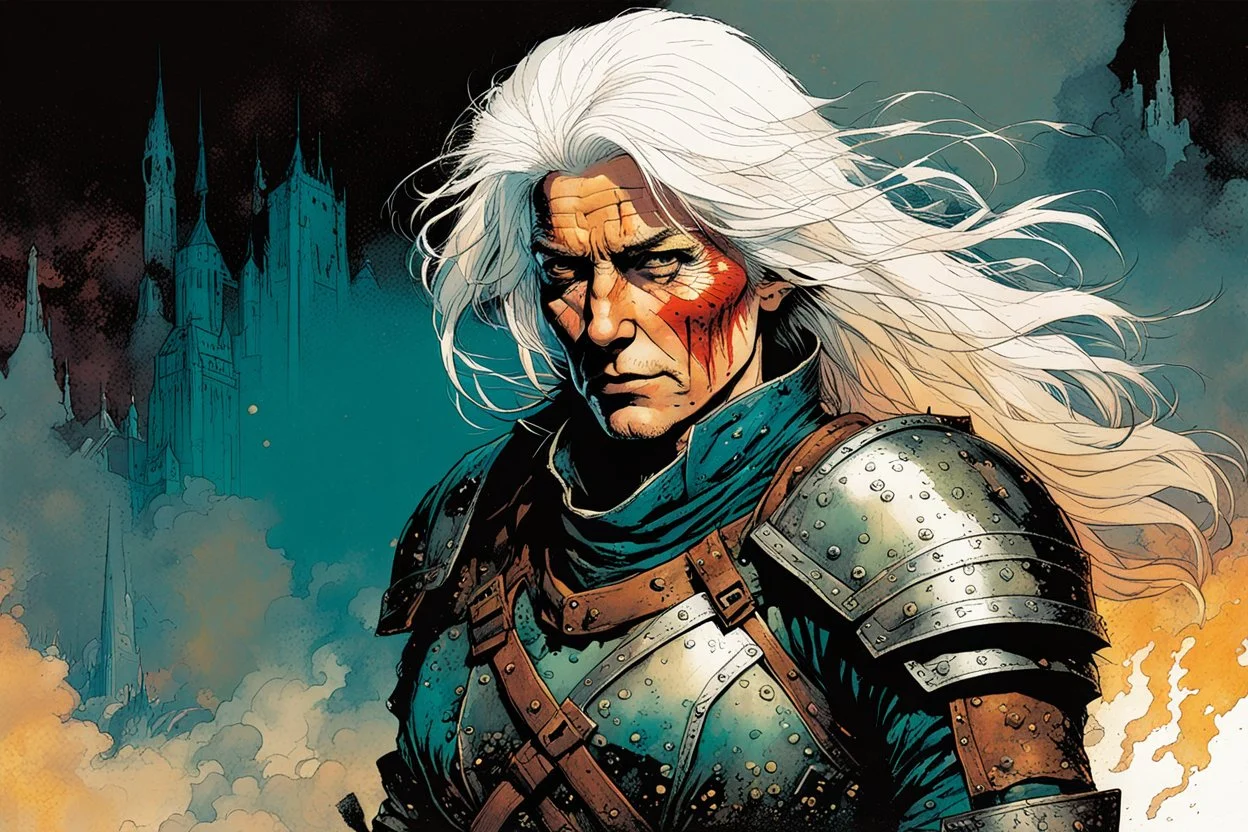 create an imaginative full body print illustration of an ethereal, otherworldly haggard, scarred, and grim, flaxen haired, aged female grandmaster Witcher in Wolven armor , in the comic book art style of Bill Sienkiewicz, Mike Mignola, and Jean Giraud Moebius, with highly detailed facial features , finely drawn, colored and inked,