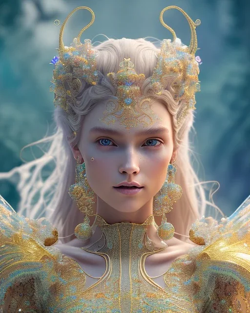 A portrait of a crystalline faery, smile, mythical,fantasy , magnificent, majestic, highly intricate, Realistic photography, incredibly detailed, ultra high resolution, 8k, complex 3d render, cinema 4d