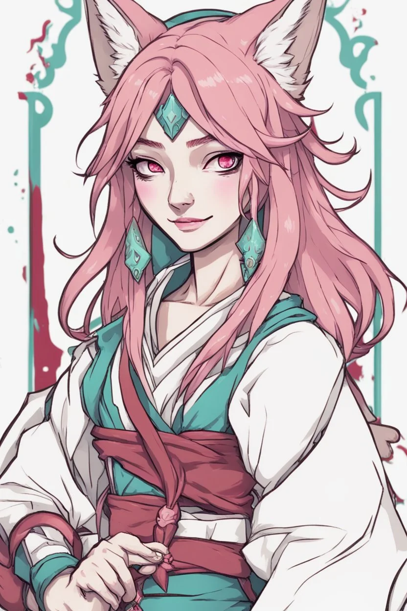 Teenaged Female kitsune paladin/bard with red, teal, and pink hair