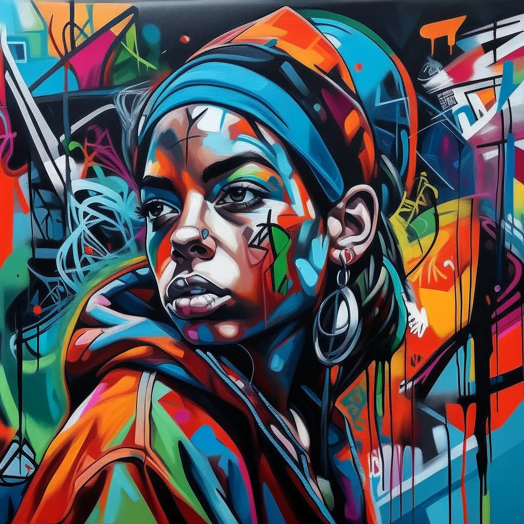 A bold, graffiti-style portrait of an individual surrounded by expressive, street art-inspired elements, including vibrant colors, dynamic brushstrokes, and urban motifs, encapsulating the subject's unique personality and connection to their city's cultural scene.