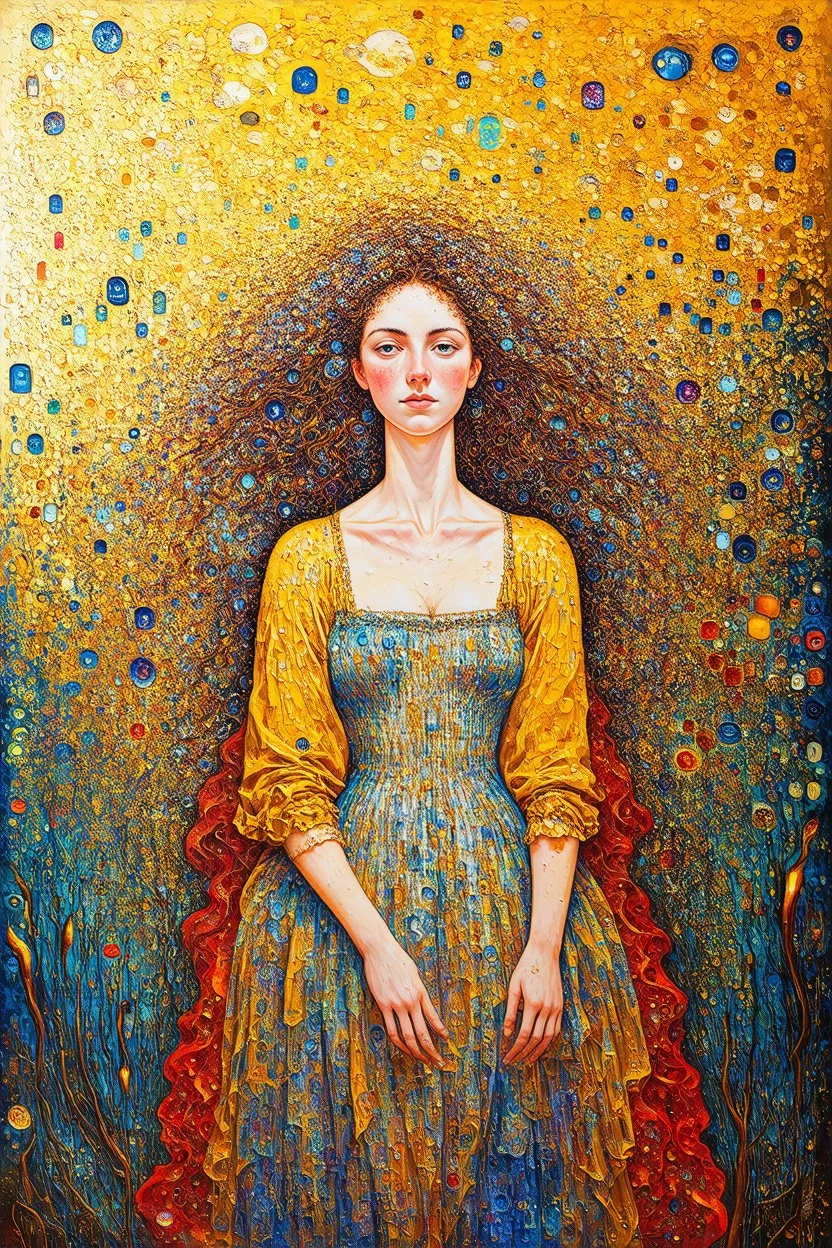 Waking up from matter; Surrealistic painting inspired by Klimt and Hundertwasser; Golden Hour; Exquisitely Detailed