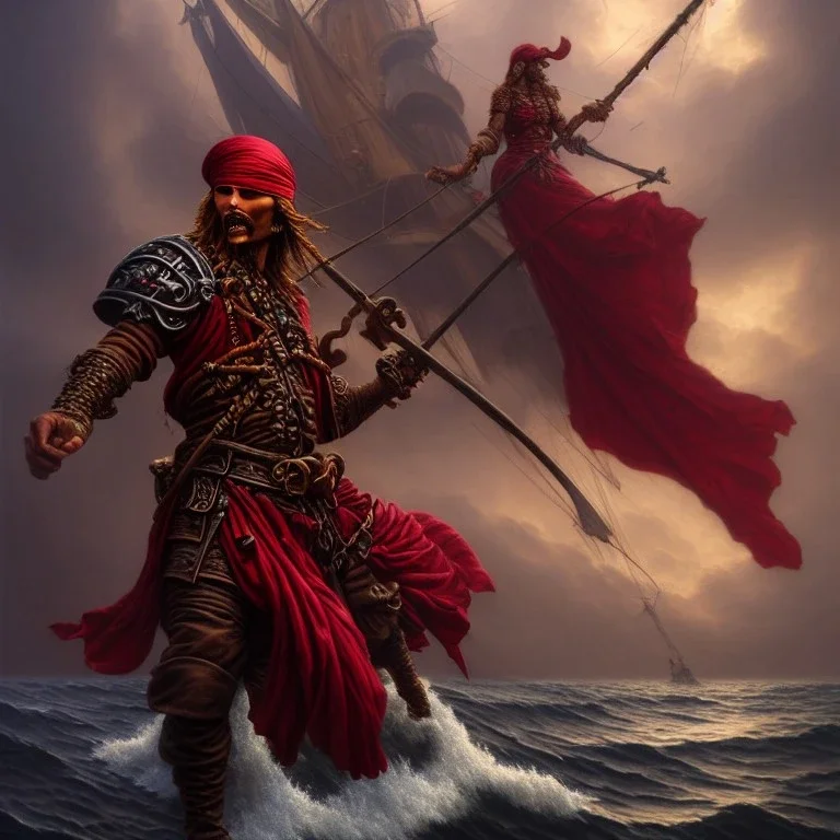 a pirate warrior in dark red armor, on his ship, a highly detailed illustration, background of giant crashing ocean waves, realistic render, 8 k, micro detail, intricate, elegant, centered, digital painting, Artstation, smooth, sharp focus, illustration, artgerm, tomasz alen kopera, peter mohrbacher, donato giancola, joseph christian leyendecker, wlop, boris vallejo