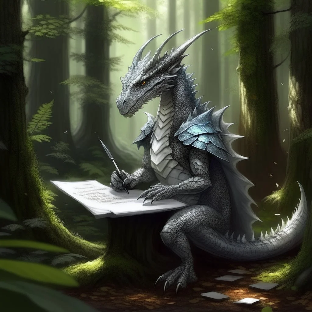 A humanoid dragon with grey scales in the middle of taking notes in a magical forest