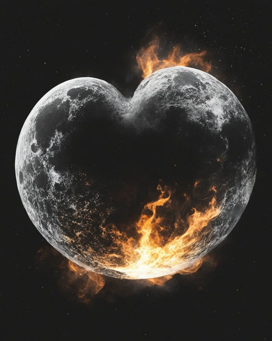 Moon in shape of realisitic heart, cinematic, {abstract}, depression, black background, atmospheric, fire, DLSR, soft focus, dispersion