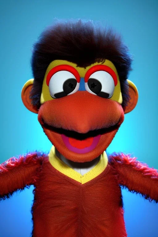 Waist up muppet Portrait, Nicolas maduro us muppet doll, Venezuelan president, tracksuit red blue and yellow, mustache, photo studio, red background, unreal engine 5, concept art, art station, ray tracing, lumen lighting, ultra detail, volumetric lighting, 3d.