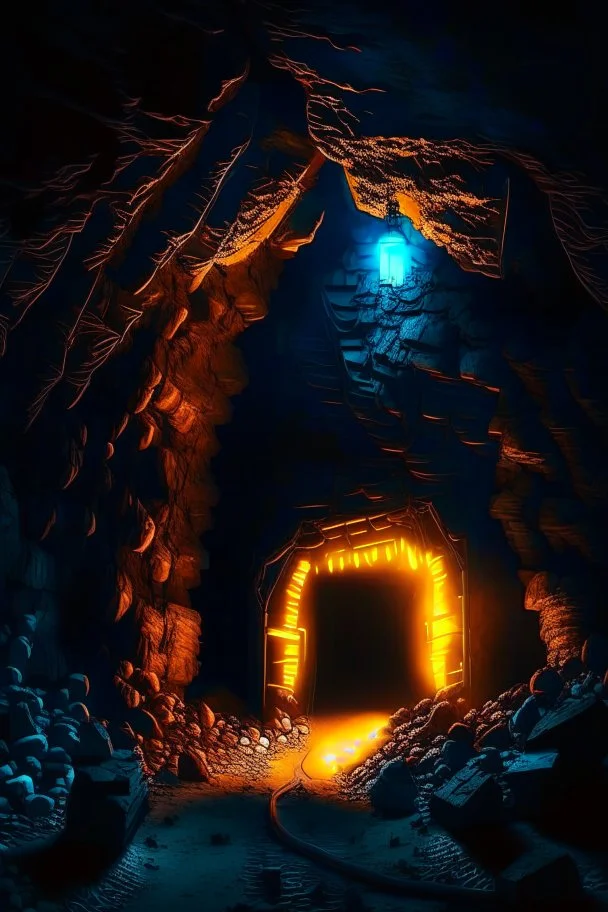 Glowing entrance to a scary mine at night