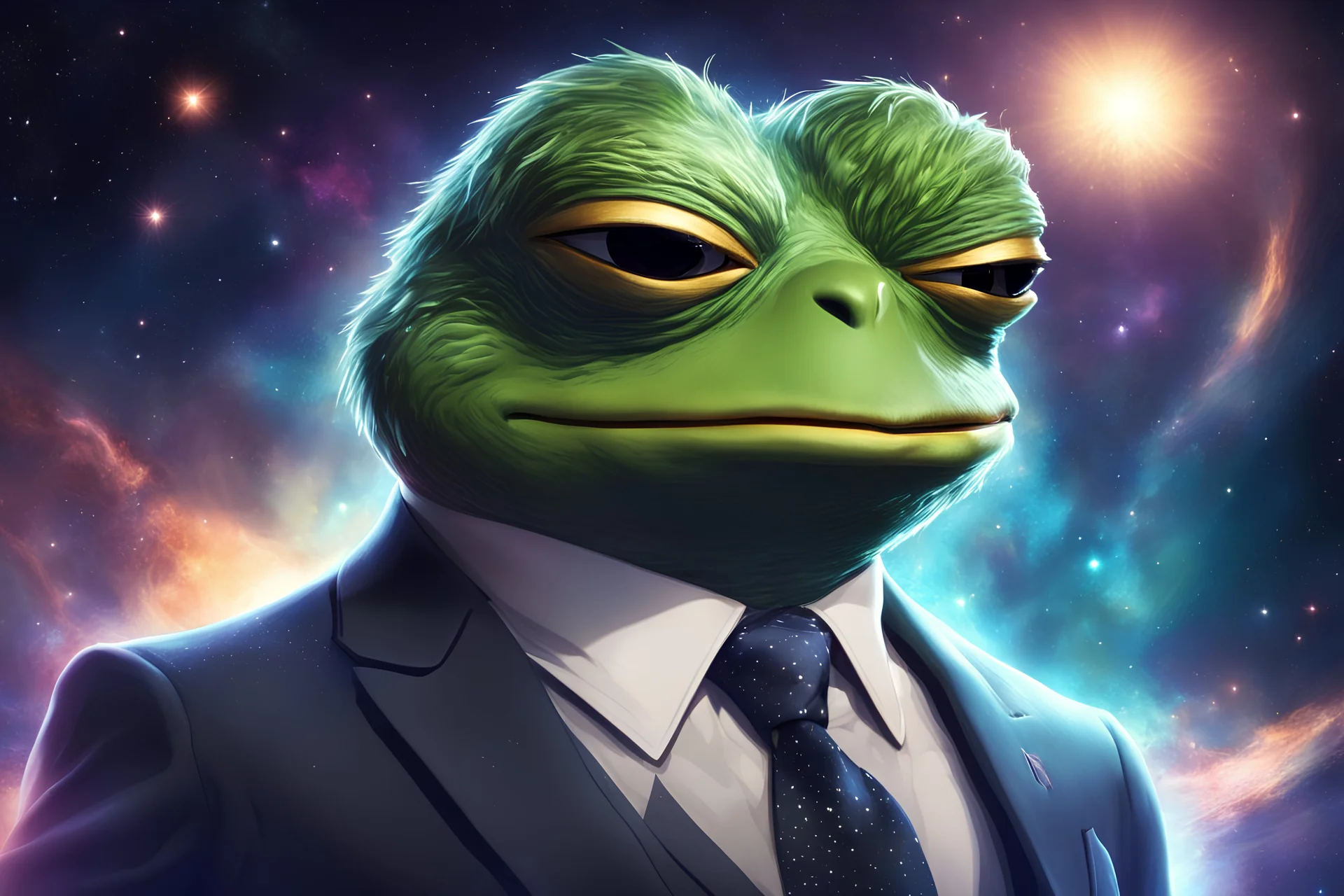 A godlike Pepe radiating with power! He's dressed in a suit and tie. The background is outer space.