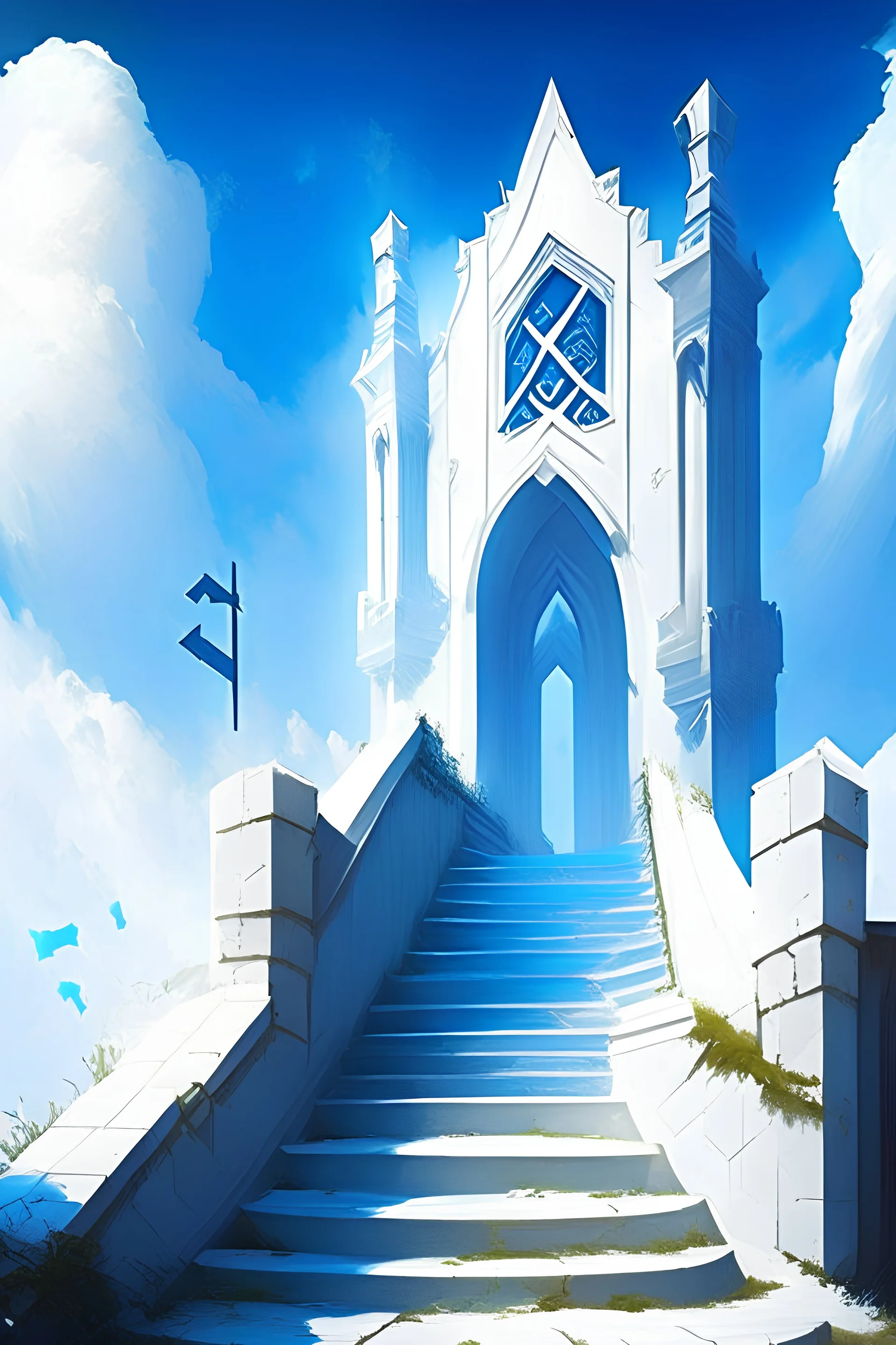 white wall, medieval, blue sky, white cross, white stairs, entrance of medieval castle, large view field, tremendous large wall, league of legend piltover