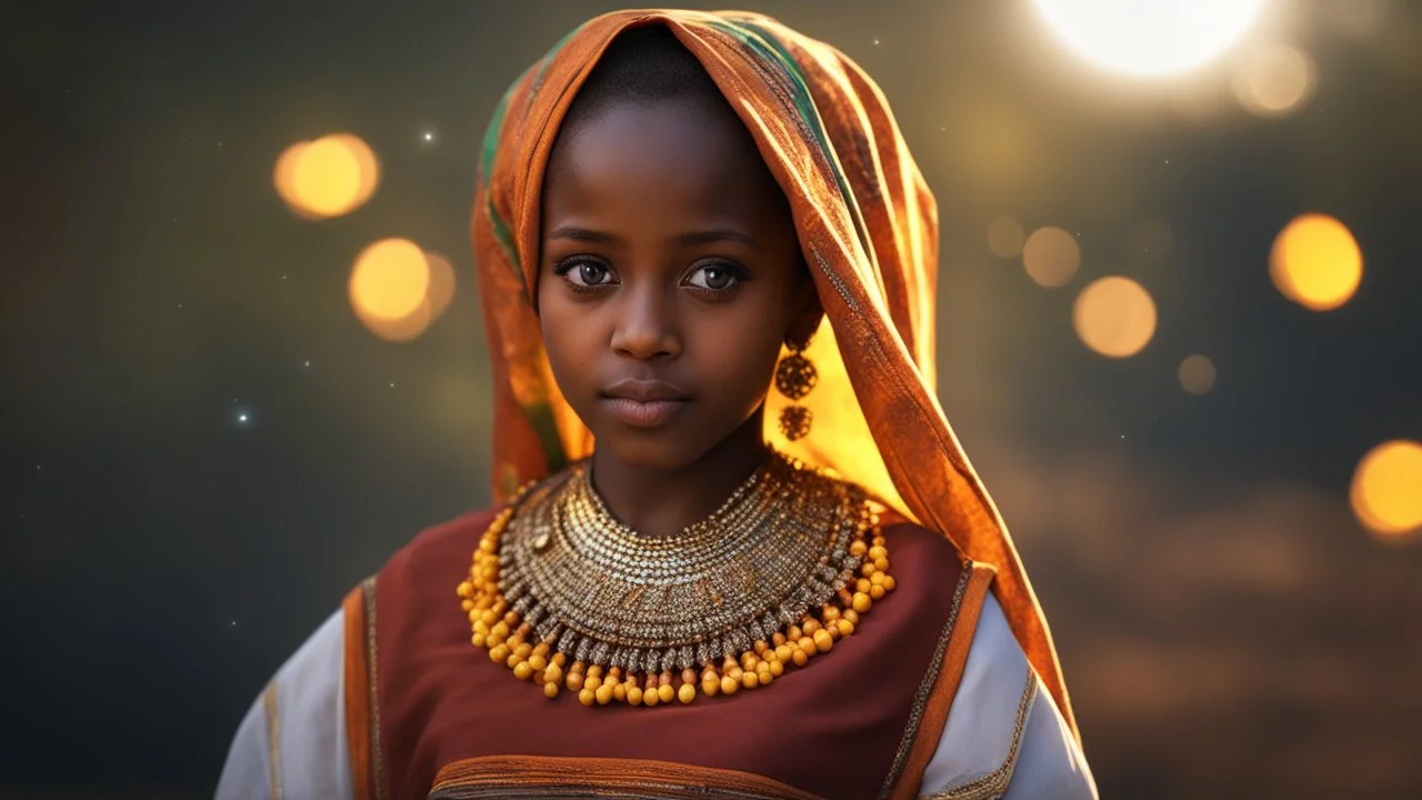 little young Ethiopian girl, peaceful, gentle, confident, calm, wise, facing camera, head and shoulders, traditional Ethiopian costume, perfect eyes, exquisite composition, night scene, fireflies, moon, stars, beautiful intricate insanely detailed octane render, trending on artstation, 8k artistic photography, photorealistic concept art, soft natural volumetric cinematic perfect light, chiaroscuro, award-winning photograph, masterpiece, Raphael, Caravaggio, Bouguereau, Alma-Tadema