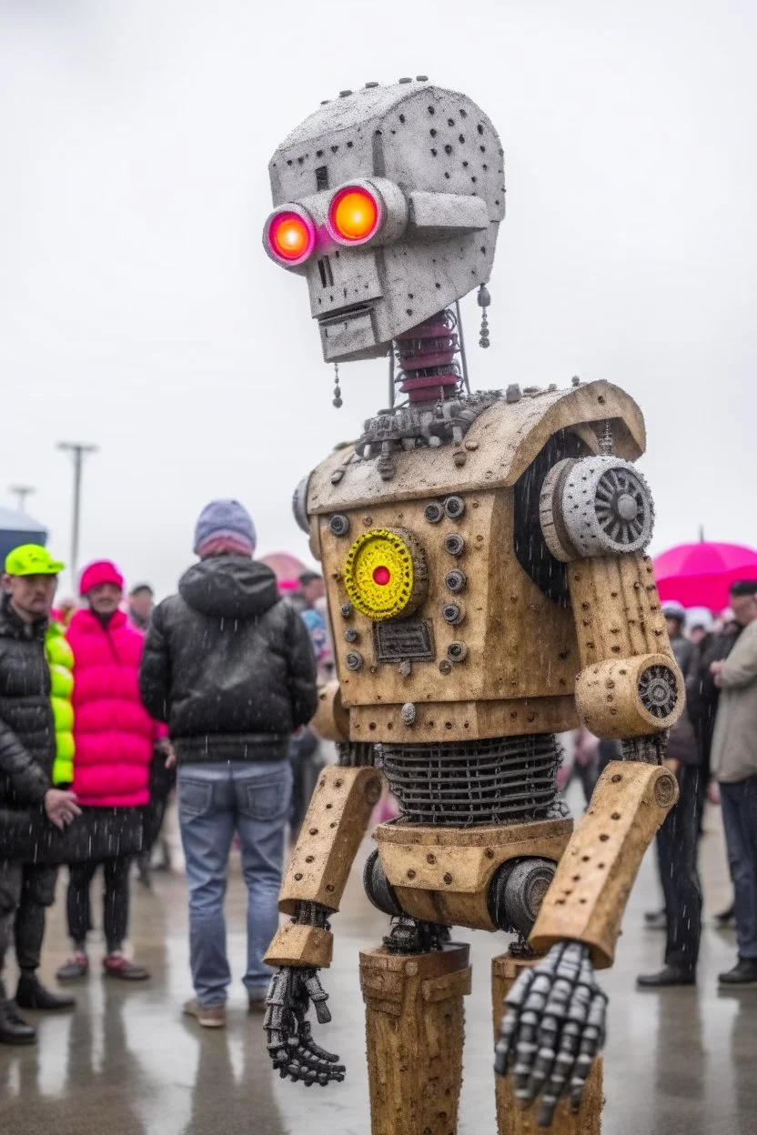 little people looking at dancin to giant robotvitalik buterin at burning man festival in the rain